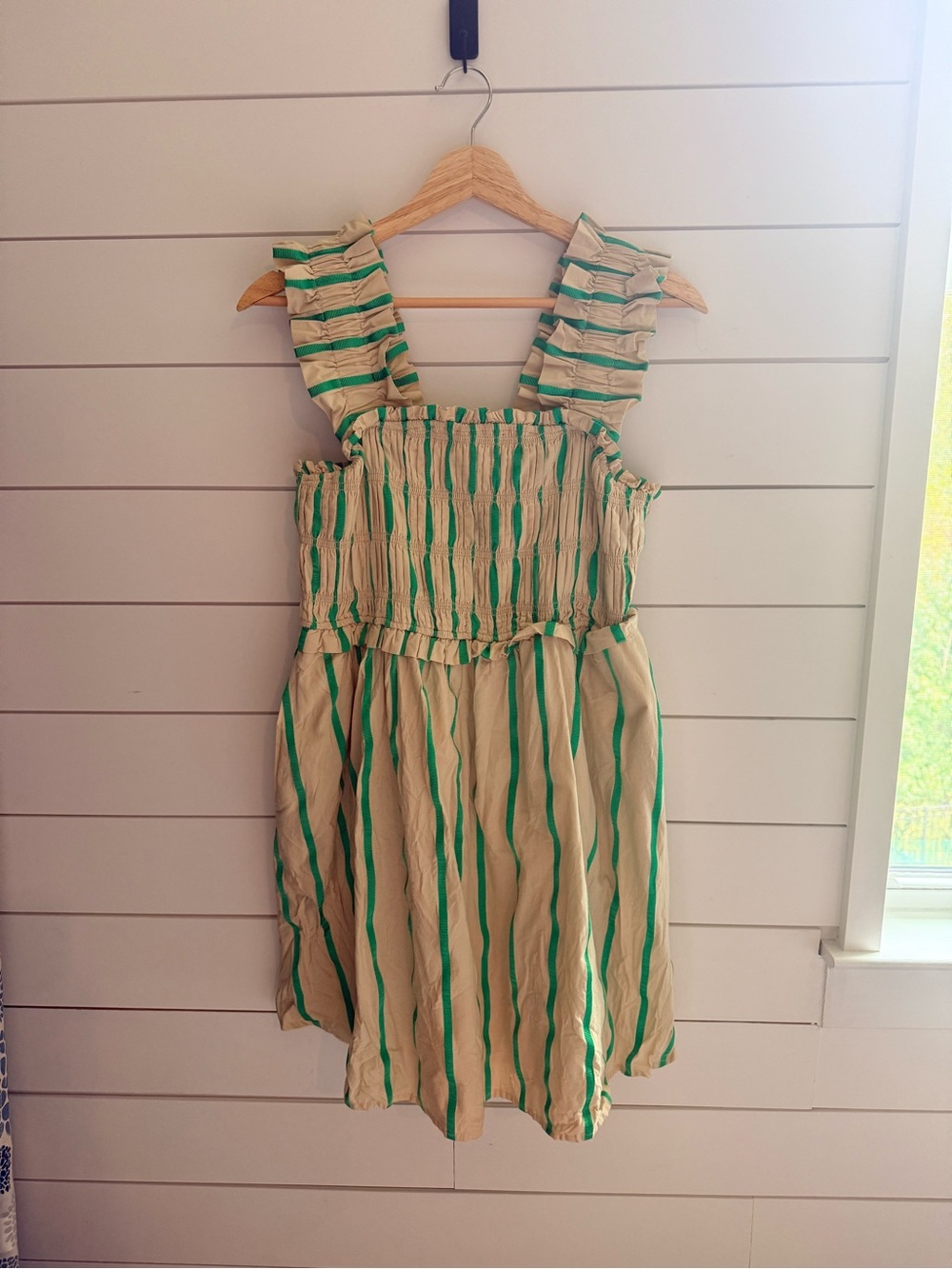 English Factory Green Stripe Ruffle Strap Smocked Mini Dress M